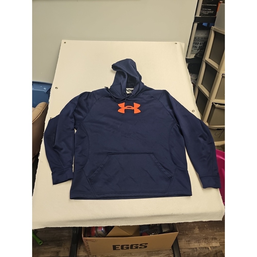 Under Armour Storm Hoodie Mens XL Navy Blue Orange Big Logo‎ Pullover Sweatshirt